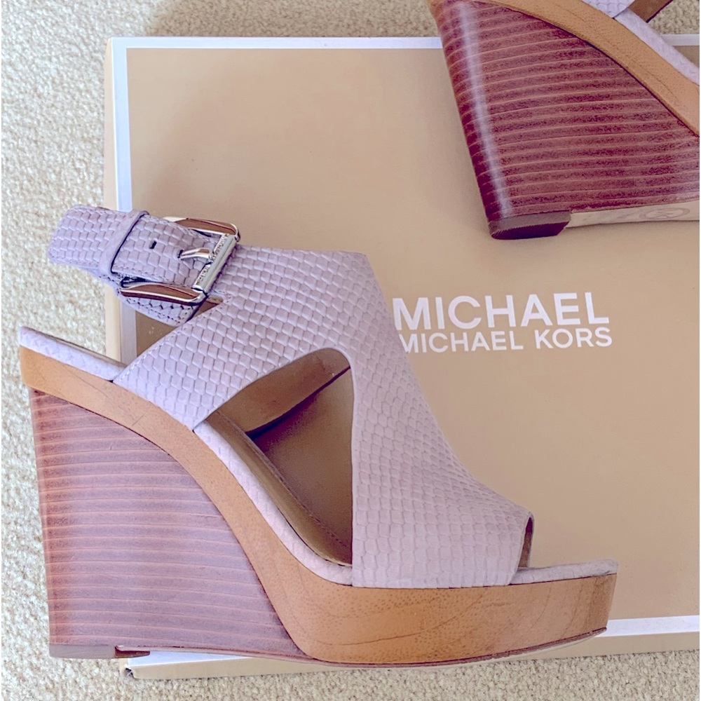 Michael Kors Josephine Wedge, 100%leather and wood construction. Like new.